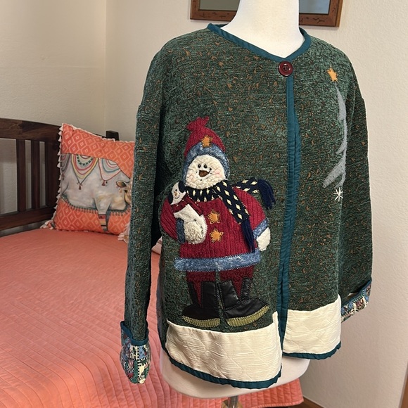 Unique Vintage Snowman Appliqué Tapestry Ugly Christmas Jacket size Large/XL - Picture 2 of 16